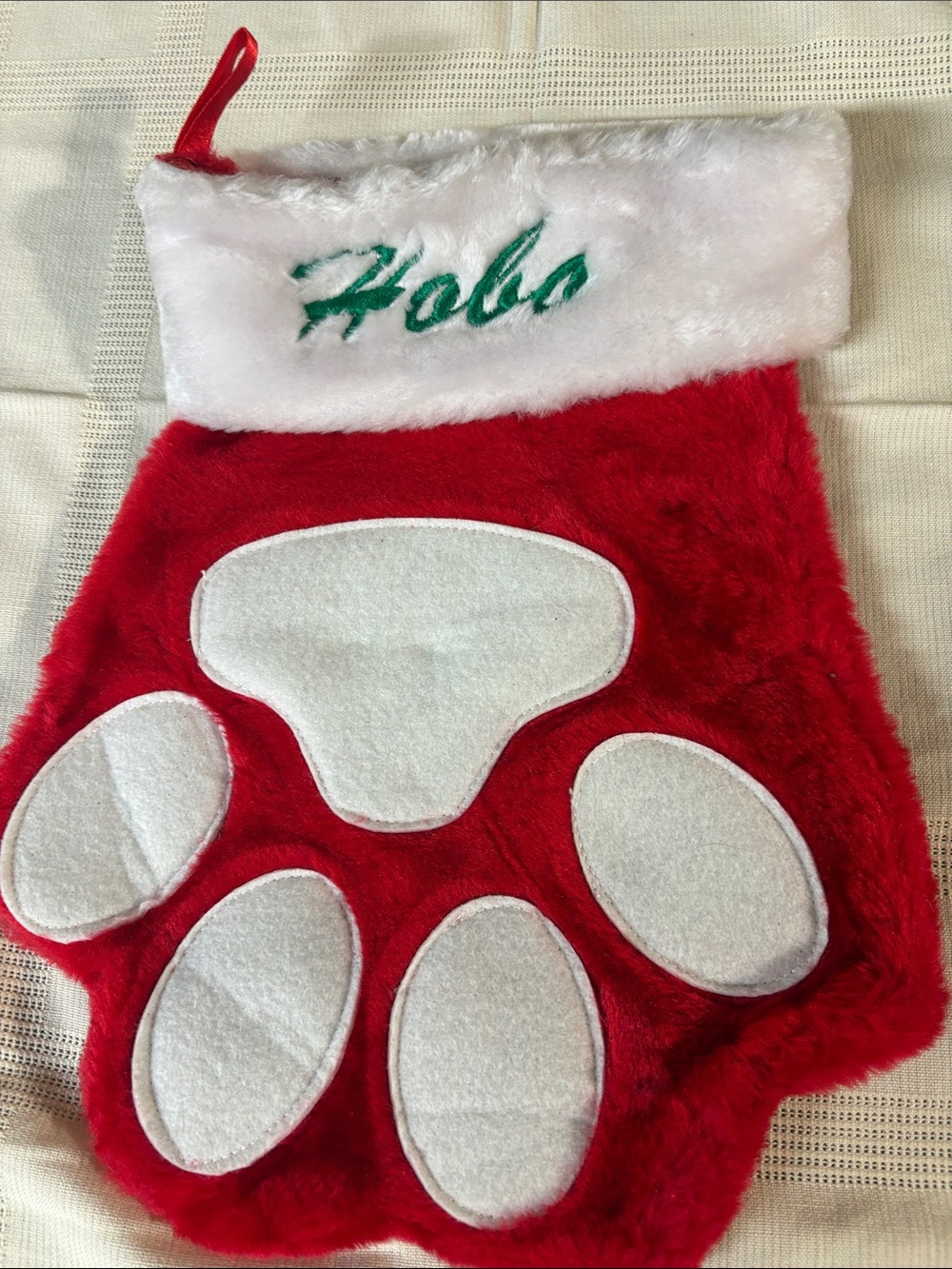 Personalized Holiday Paw Stocking - Red & White ‘HOBO’